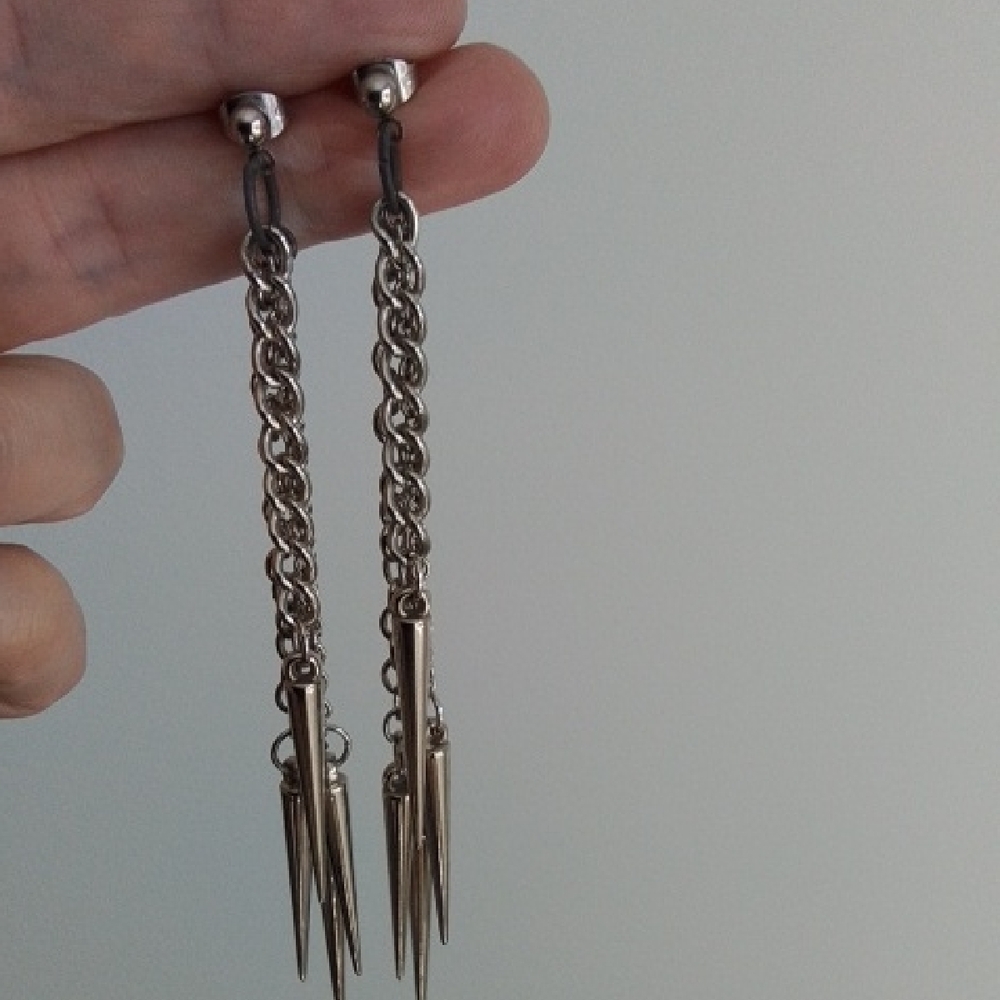 Silver Tone Chain And Spike Earrings